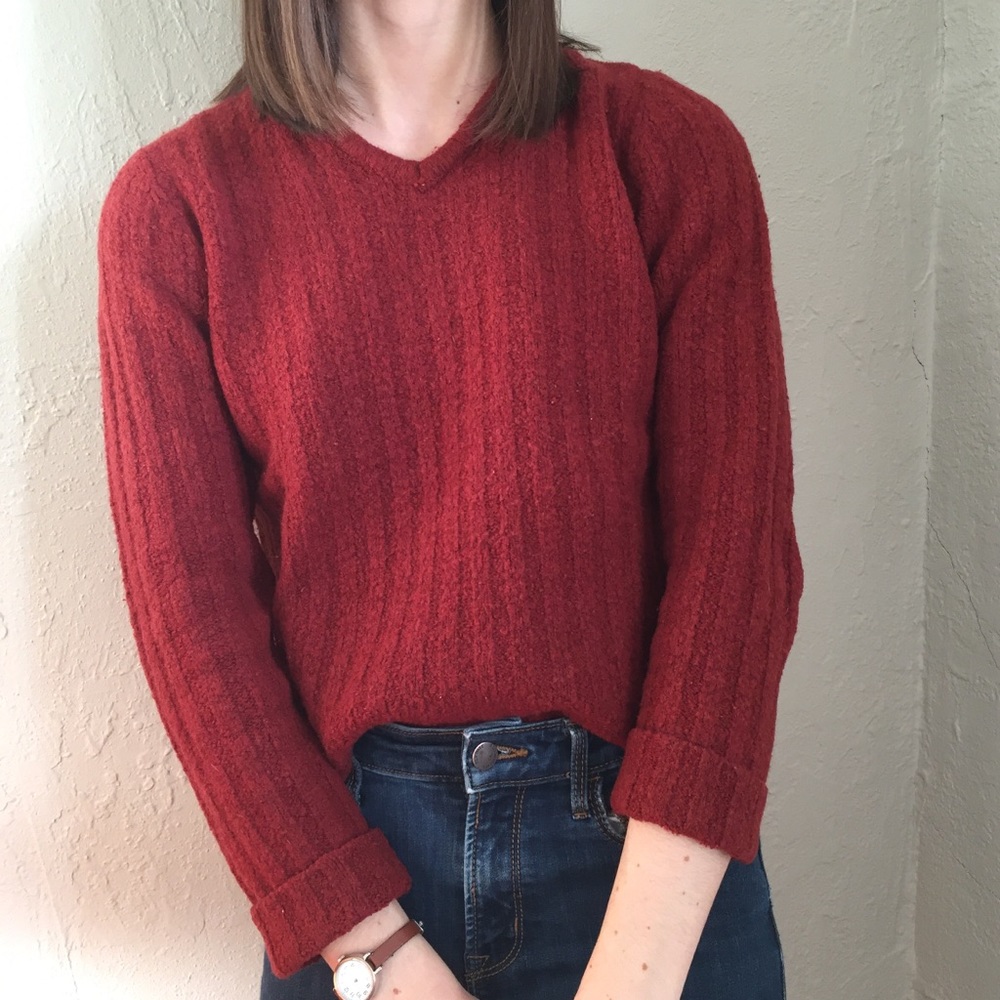 Red Wool Blend V-neck Sweater